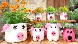 Recycle Plastic Bottles into Cute Pig-Shaped Flower Pots for Small Garden