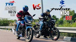 Bajaj pulsar n150 e20 bs7 vs tvs Apache 160 2v e20 bs7 | top end race  | shocking result 