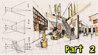 How to Draw a Room in 2 Point Perspective for beginners  interior design part 2تعلم رسم منظور داخلي