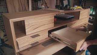 Entertainment console, hardwood with hand-carved drawer faces - full build