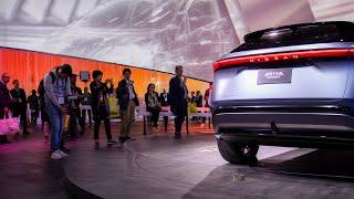 Visitors review the Nissan Ariya Concept: Nissan at CES 2020