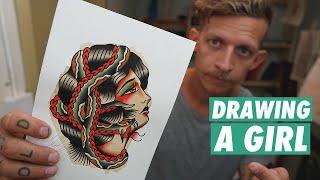 Drawing a girl with a snake in the hair | Traditional tattoo flash