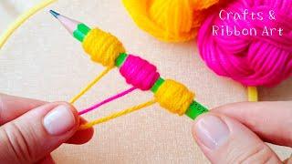 It's so Beautiful !! Super Easy Woolen Flower Making Trick Using Pencil - Hand Embroidery Flowers !!