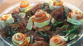 Dark colored Japchae with egg/carrot roses (장미꽃 잡채)