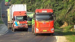 TRUK TRAILER HINO NGEBLONG DI TANJAKAN, TRAILER FAW JH6 NANJAK SANTAI