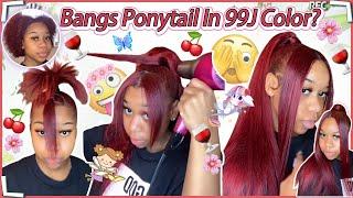 Extended High Ponytail On Natural Hair | 99J Burgundy Weave + Two Bangs #ULAHAIR