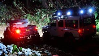 RC Trucks Land Rover Kahn Defender D110 and Jeep NuKizer 715 | Night Offroad Trail