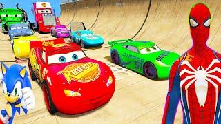 SPIDERMAN McQueen Vs MACK TRUCK on MEGA GODZILLA RAMP Challenge ! SUPERHERO HULK Disney Cars - GTA V