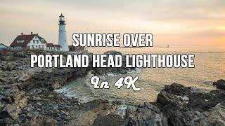 COLORFUL SUNRISE OVER THE COAST OF MAINE - PORTLAND HEAD LIGHTHOUSE - In 4K