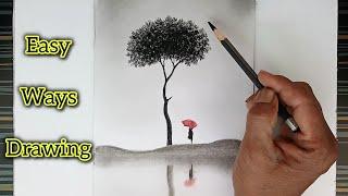 How to draw a tree landscape with umbrella girl.