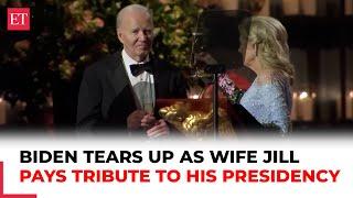 Outgoing US President Joe Biden gets emotional after First Lady Jill pays tribute to his presidency