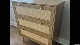 Anmytek 3 Drawer Dresser for Bedroom Rattan Dresser Wood Chest of Drawers with Spacious Storage