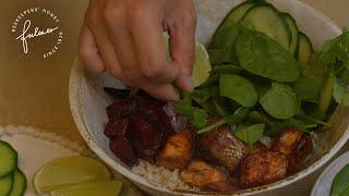 Honey-miso salmon bowl with brown rice and baked beetroot