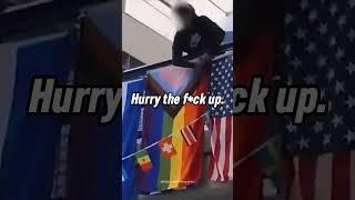 Angry Student TAKES DOWN Pride Flag Covering His Country's Flag