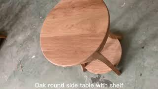 Round oak side table with shelf