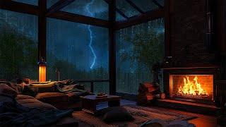 Nighttime Thunderstorm Haven on the Mountain with Crackling Fireplace for Sleeping, Relax, Meditate
