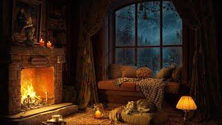 Rainy Night in Cozy Reading Nook ️ Soft Jazz Music ️ Heavy Rain, Fireplace Sounds for Sleeping 4K
