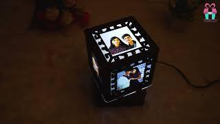 At Gift Lab Present Personalized Wooden Square Design Rotating LED lamp with 5 Photo