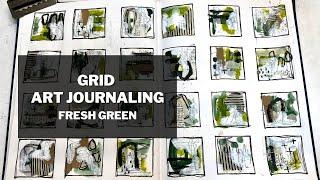 Create with me! Mixed Media Art - green grid journal spread