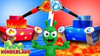 Pea Pea's 4-Element Cardboard Tank Battle! - fun cartoon | Pea Pea Wonderland