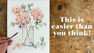 Paint A Glass Vase Of Watercolour Hydrangeas And Eucalyptus