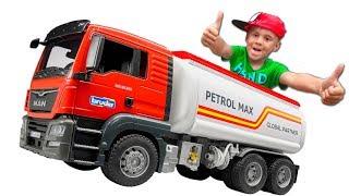 #Cars for children Concrete Truck Broken Down Alex with #Bruder Fuel Truck to help man