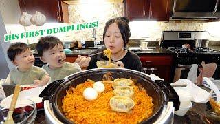 His first dumplings!!️ + Carbonara Fire noodles mukbang