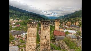 Svaneti Georgia by drone , the impressive Georgian towers.