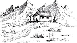 Peisaj cu munti si o casuta desenata pe hartie cu pixul - How to draw a house and mountains with pen