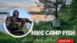 Wild camping Scotland. Solo hiking, camping and pike fishing at a remote loch in the forest.