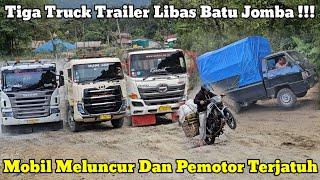 Mobil Meluncur Dan Pemotor Terjatuh || 3 Truck Trailer Libas Jalan Rusak Batu Jomba