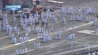 Chopper 10 flies over USS Dwight D. Eisenhower's homecoming