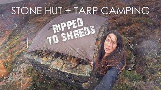 Bad Weather Camping in Tiny Stone Hut with Tarp for Roof.. Ripped to Shreds.. Bailed