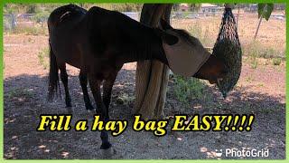 How to use a hay bag. Easy way to fill a hay bag. Hay bags for horses. Hay bags