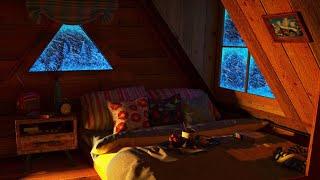 Cozy Winter Attic in the Forest - Snow Storm Sounds, Snowfall, Wind Sound and Fireplace Crackling