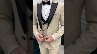 GentWith Molalla Beige Slim Fit Velvet Peak Lapel Tuxedo