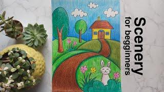 Scenery drawing for kids step by step | Landscape drawing for beginners ‎@Gyaneshwari Arts 