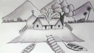 How to draw a village scenery with pencil / Best village scenery drawing #villagescenary #drawing