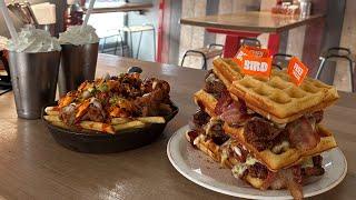 DEFEATED BY THIS 3x3 CHICKEN & WAFFLE STACK CHALLENGE | Bird,Camden | @LeahShutkever