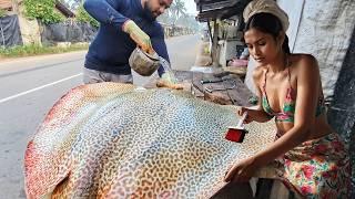 Massive Tiger Ray Fish Cutting and Preparation in Street Market