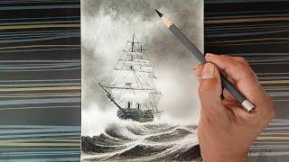 How to draw a oceanscape of a ship sailing against the ocean waves.