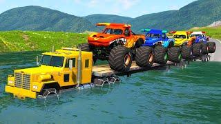 Monster Trucks Potholes Flatbed Long Trailer Truck Car Rescue - Cars vs Deep Water - BeamNG.drive