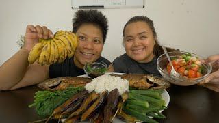 Filipino Food Fried Tilapia, Okra, Aubergine, Kangkong and Bagoong