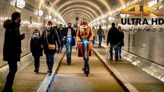 [4K HDR] Walking Under River (Elbe Tunnel ) Walk Tour Hamburg Germany  2021