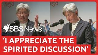 Penny Wong heckled off stage by pro-Palestinian activists