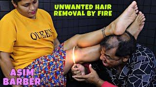 Fire Foot Massage by Asim Barber | Unwanted Hair Removal by Fire | Toe Cracking | Leg Massage ASMR