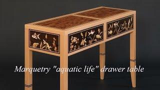 Marquetry ''aquatic life'' drawer table, the complete build