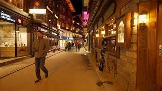 Evening Walk in Zermatt Switzerland, Matterhorn and Streets Night View 4K