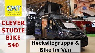 Studie Clever Bike 540 Roomtour, CMT 2020, Hecksitzgruppe, Aufstelldach, Mini Bad aber Bike im Van