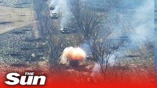 Entire column of Russian tanks destroyed by Ukrainian forces in Donetsk